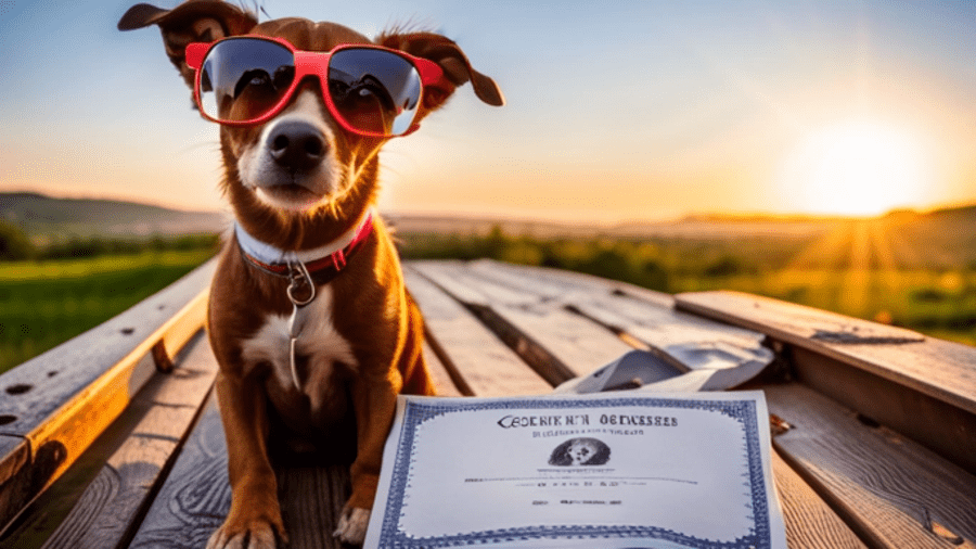 POST: pet name generator. featured image of a dog in sunglasses standing next to his birth certificate.