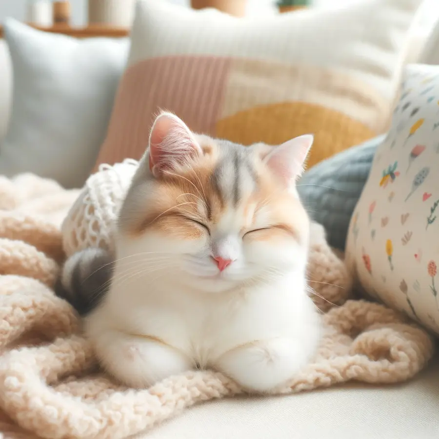 image of a white and beige colored cat laying on a bed with eyes closed in content
